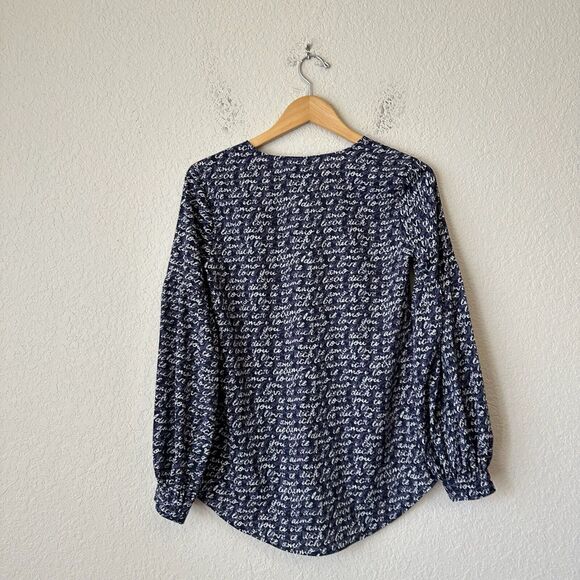 CABI #5336 Te Amo Love Script Blouse Puff Sleeve in Navy - Picture 6 of 10